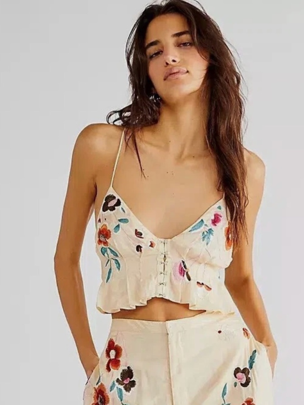 Free People Mimi Embroidered Lace Back Halter Crop Top Tan Ivory Size 6